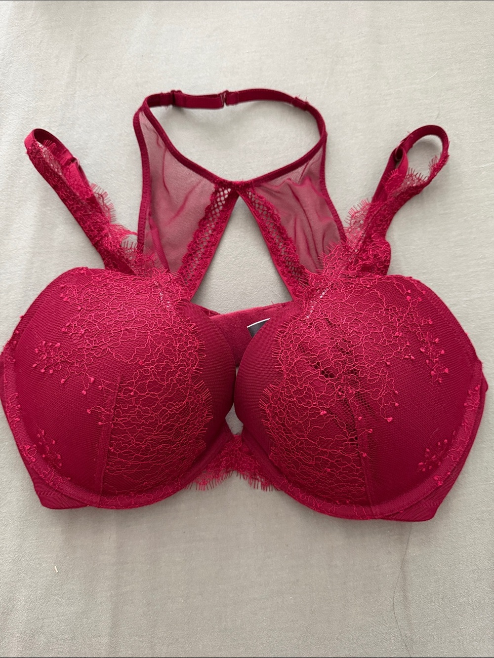 Lace Push-Up Bra with Halter Detail - Deep Red
